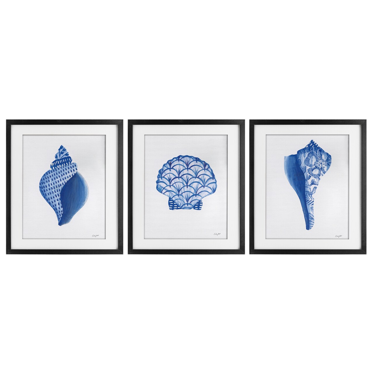 Stupell Industries Blue Chinoiserie Seashells 3pc Framed Print Under Glass Set, design by Courtney Prahl
